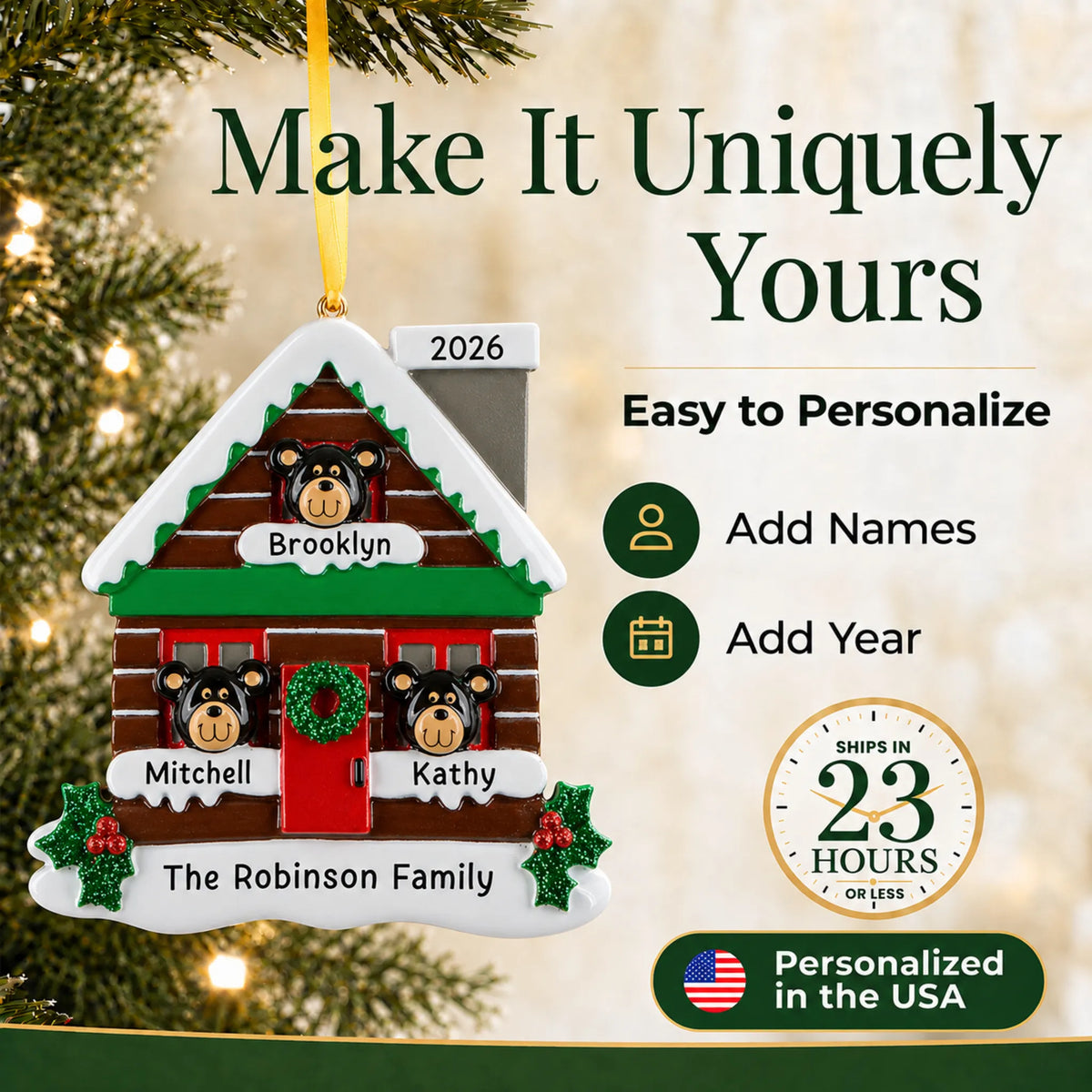 Make it yours: add names and year to the personalized mountain cabin family of 3 christmas ornament