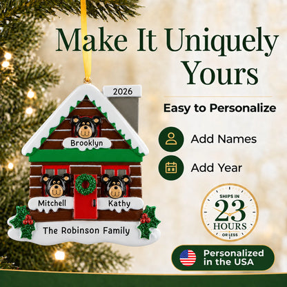 Make it yours: add names and year to the personalized mountain cabin family of 3 christmas ornament