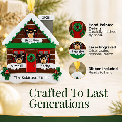 Hand-painted details and laser engraved personalization on the mountain cabin family of 3 christmas ornament, ribbon included