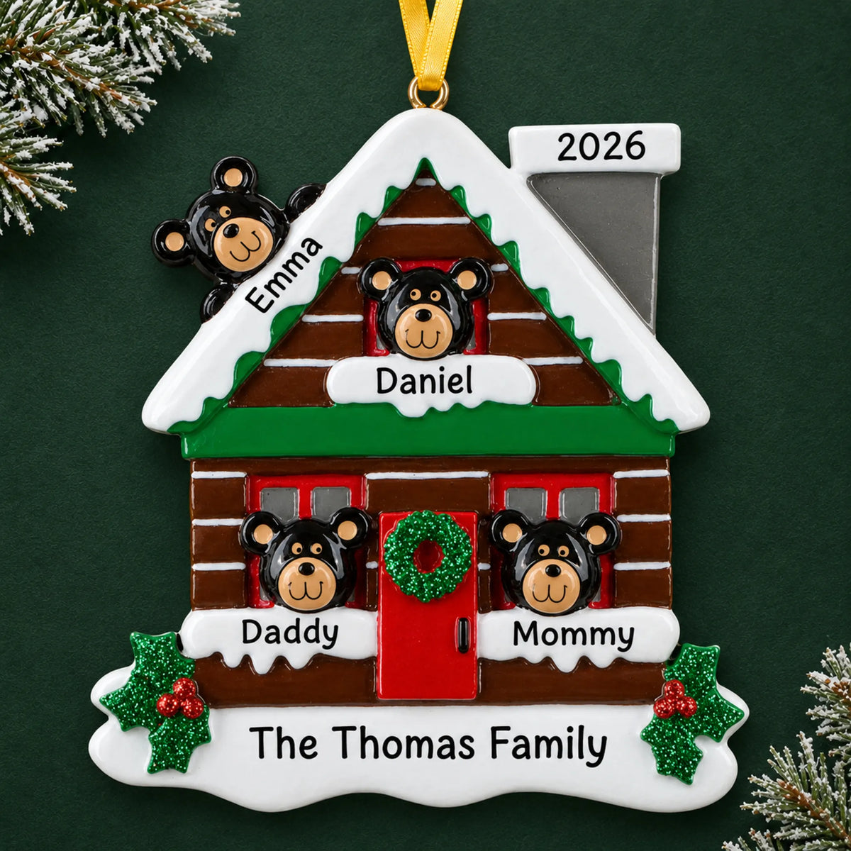 Personalized mountain cabin family of 4 christmas ornament on a dark green pine background