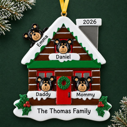 Personalized mountain cabin family of 4 christmas ornament on a dark green pine background