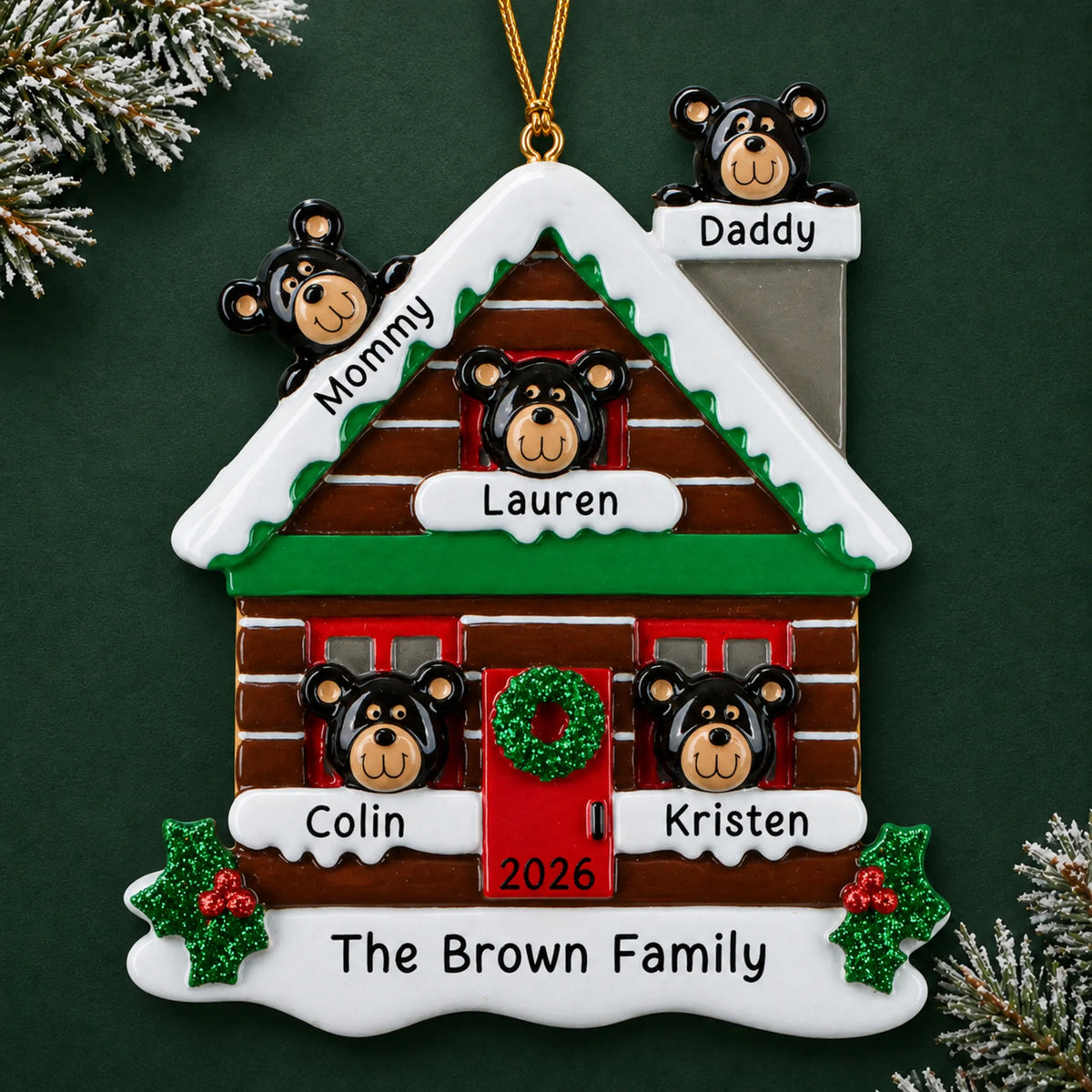Personalized mountain cabin family of 5 christmas ornament on a dark green pine background