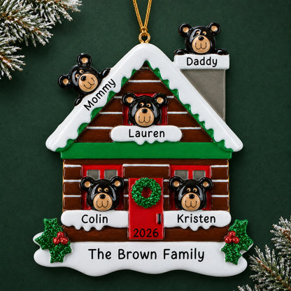 Personalized mountain cabin family of 5 christmas ornament on a dark green pine background
