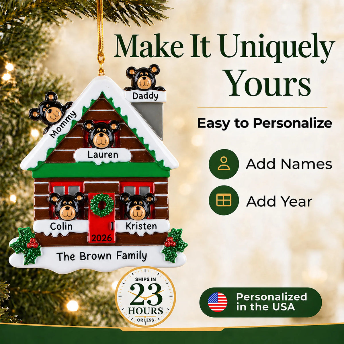 Make it yours: add names and year to the personalized mountain cabin family of 5 christmas ornament