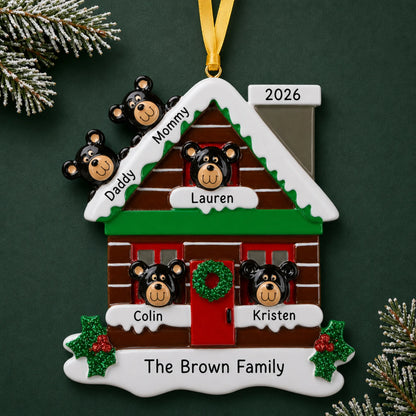 Personalized mountain cabin family of 5 christmas ornament on a dark green pine background