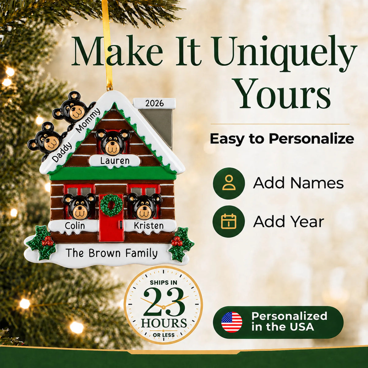 Make it yours: add names and year to the personalized mountain cabin family of 5 christmas ornament