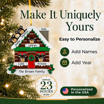 Make it yours: add names and year to the personalized mountain cabin family of 5 christmas ornament