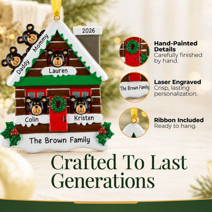 Hand-painted details and laser engraved personalization on the mountain cabin family of 5 christmas ornament, ribbon included