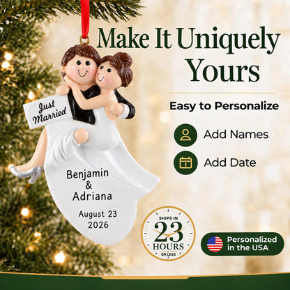 Make it yours: personalize the Just Married Bride & Groom christmas ornament with names and the date