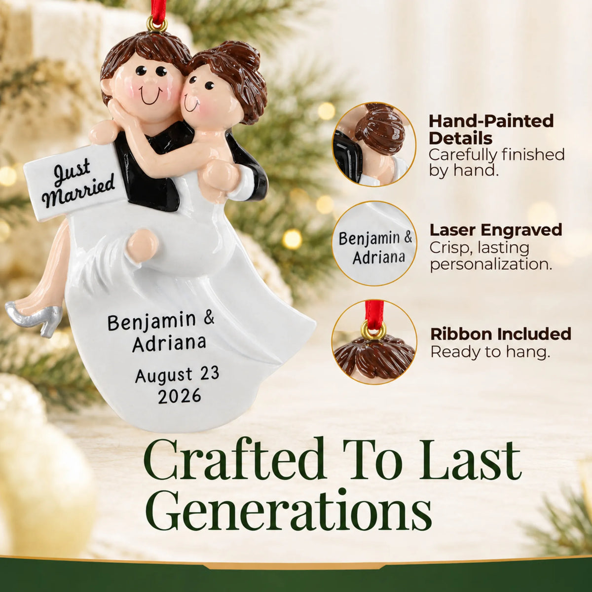 Hand-painted, laser engraved Just Married Bride & Groom christmas ornament, ribbon included