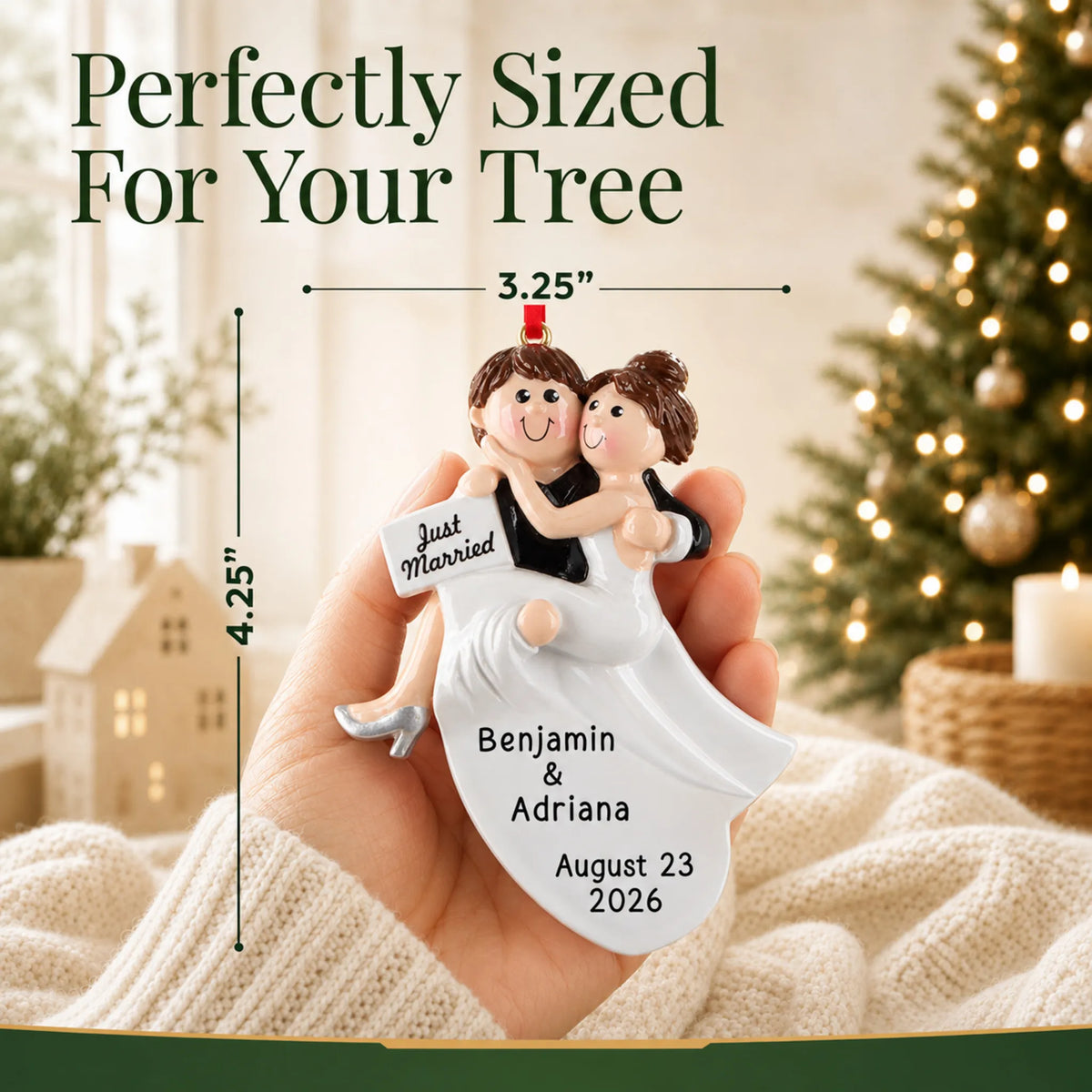 Size guide: the personalized Just Married Bride & Groom christmas ornament is 3.25 in wide by 4.25 in tall, shown in hand