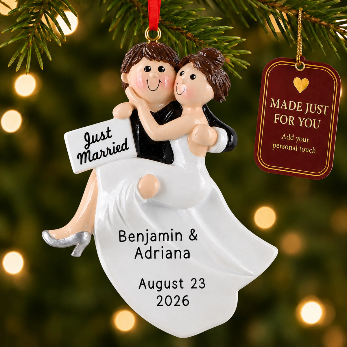 Just Married Bride & Groom christmas ornament hanging on a lit Christmas tree with a Made Just For You gift tag