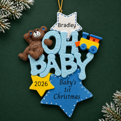 Personalized oh baby boy 1st christmas ornament on a dark green pine background