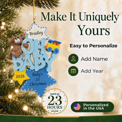 Make it yours: add name and year to the personalized oh baby boy 1st christmas ornament