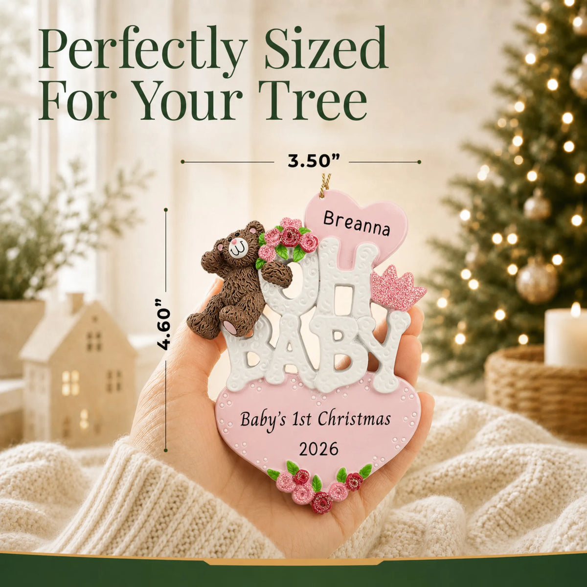 Size guide: the personalized oh baby girl 1st christmas ornament is 3.50 in wide by 4.60 in tall, shown in hand