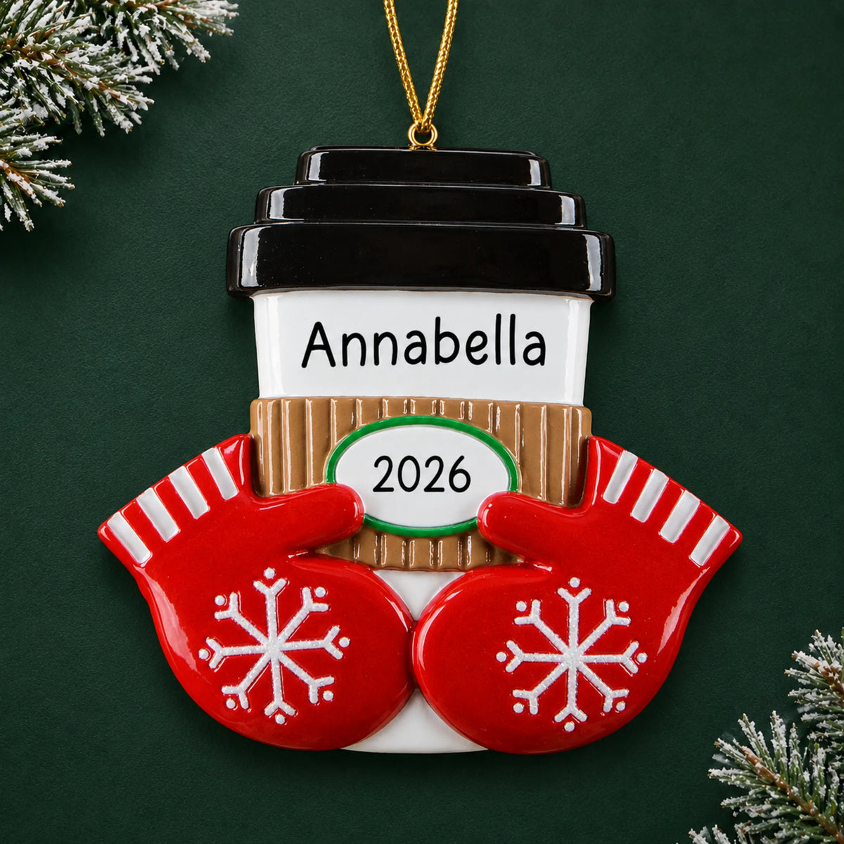 Personalized Coffee / Hot Cocoa Cup christmas ornament on a dark green pine background