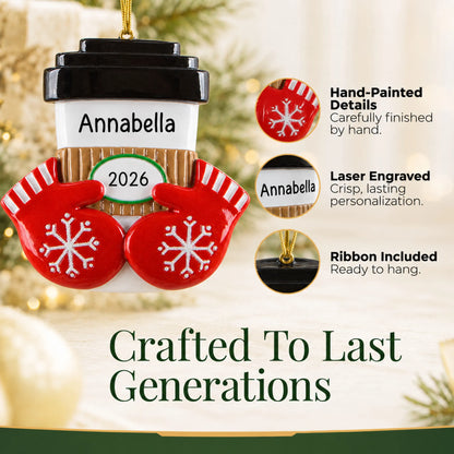 Hand-painted details and laser engraved personalization on the Coffee / Hot Cocoa Cup christmas ornament, ribbon included