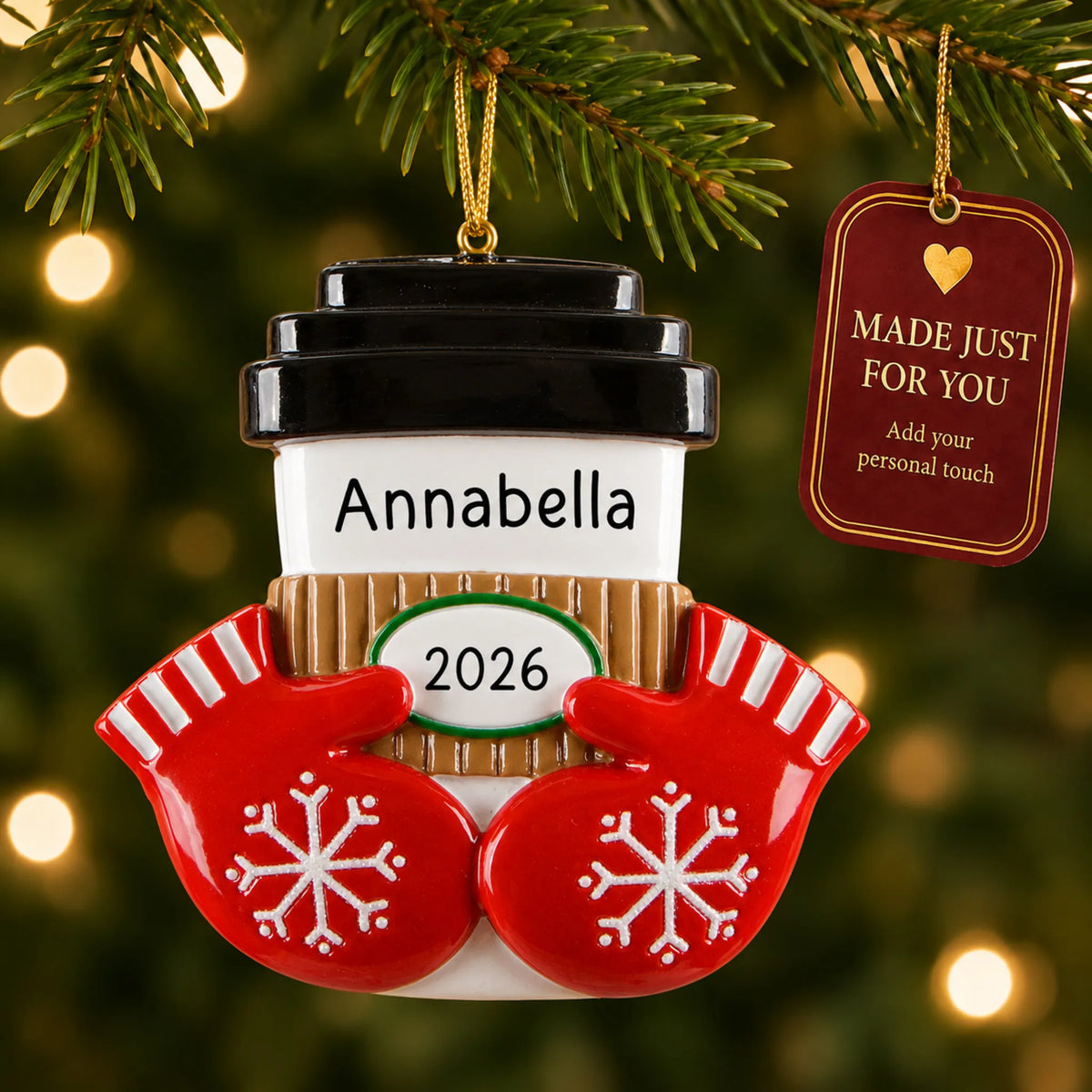 Coffee / Hot Cocoa Cup christmas ornament hanging on a lit Christmas tree with a Made Just For You gift tag