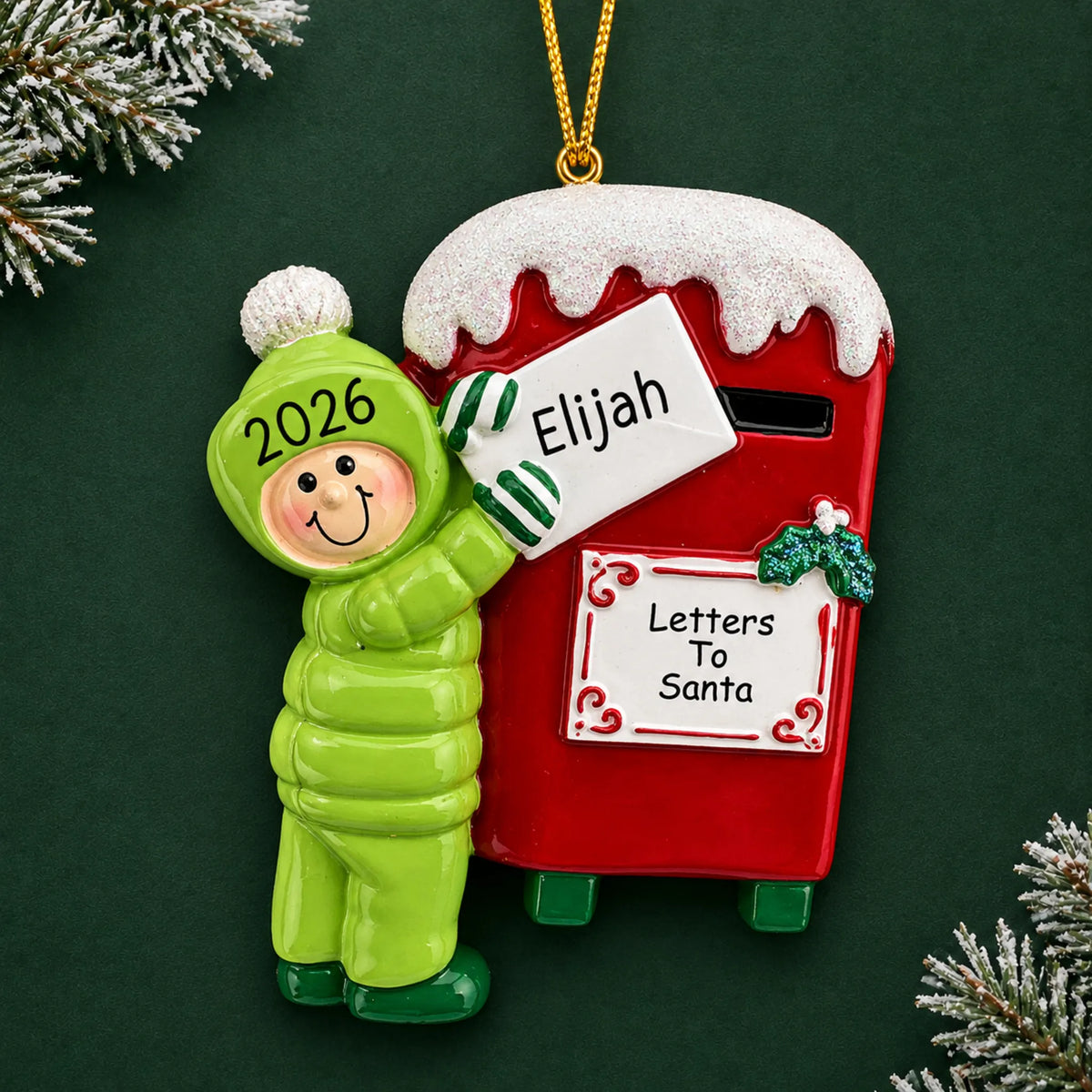 Personalized letters to santa christmas ornament on a dark green pine background