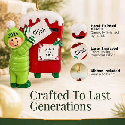 Hand-painted details and laser engraved personalization on the letters to santa christmas ornament, ribbon included