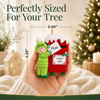 Size guide: the personalized letters to santa christmas ornament is 3.00 in wide by 4.25 in tall, shown in hand