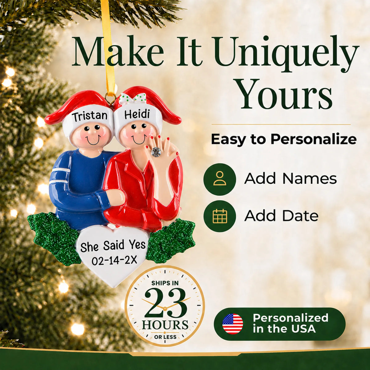 Make it yours: personalize the Engaged Couple christmas ornament with names and the date