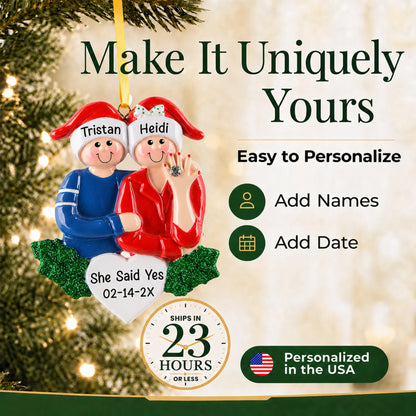 Make it yours: personalize the Engaged Couple christmas ornament with names and the date