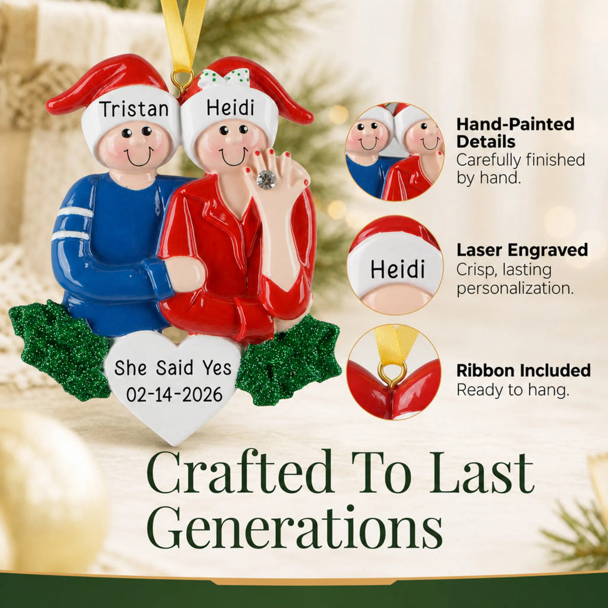 Hand-painted, laser engraved Engaged Couple christmas ornament, ribbon included