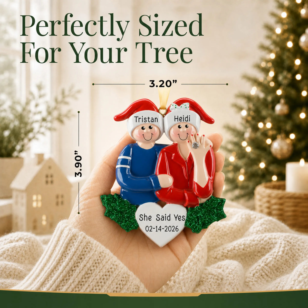 Size guide: the personalized Engaged Couple christmas ornament is 3.20 in wide by 3.90 in tall, shown in hand