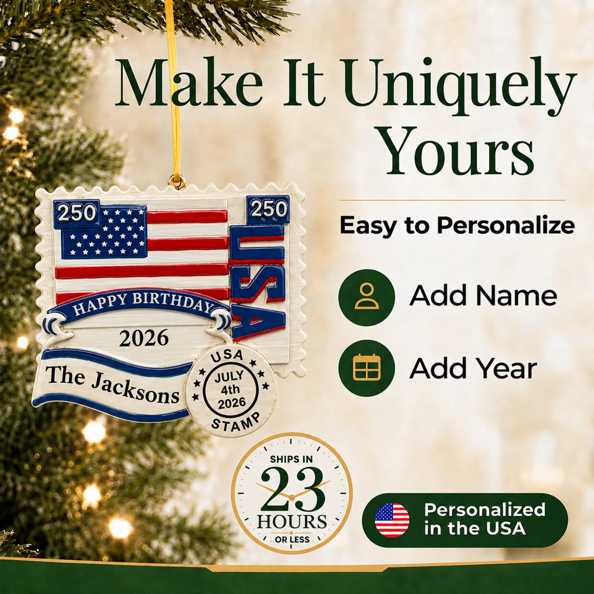 Make it yours: personalize the USA 250th Anniversary Stamp christmas ornament