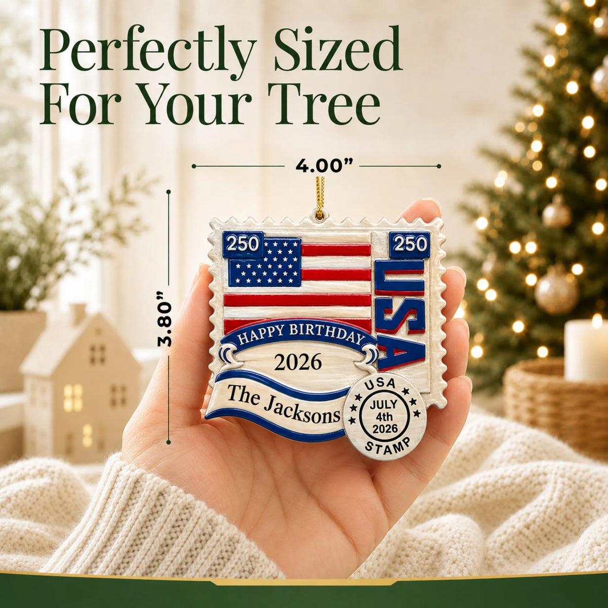 Size guide: the personalized USA 250th Anniversary Stamp christmas ornament is 4.00 in wide by 3.80 in tall, shown in hand