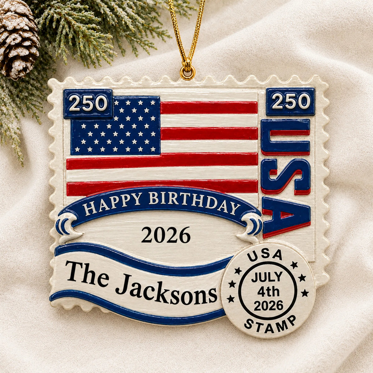 Personalized USA 250th Anniversary Stamp christmas ornament laid on a soft white knit blanket