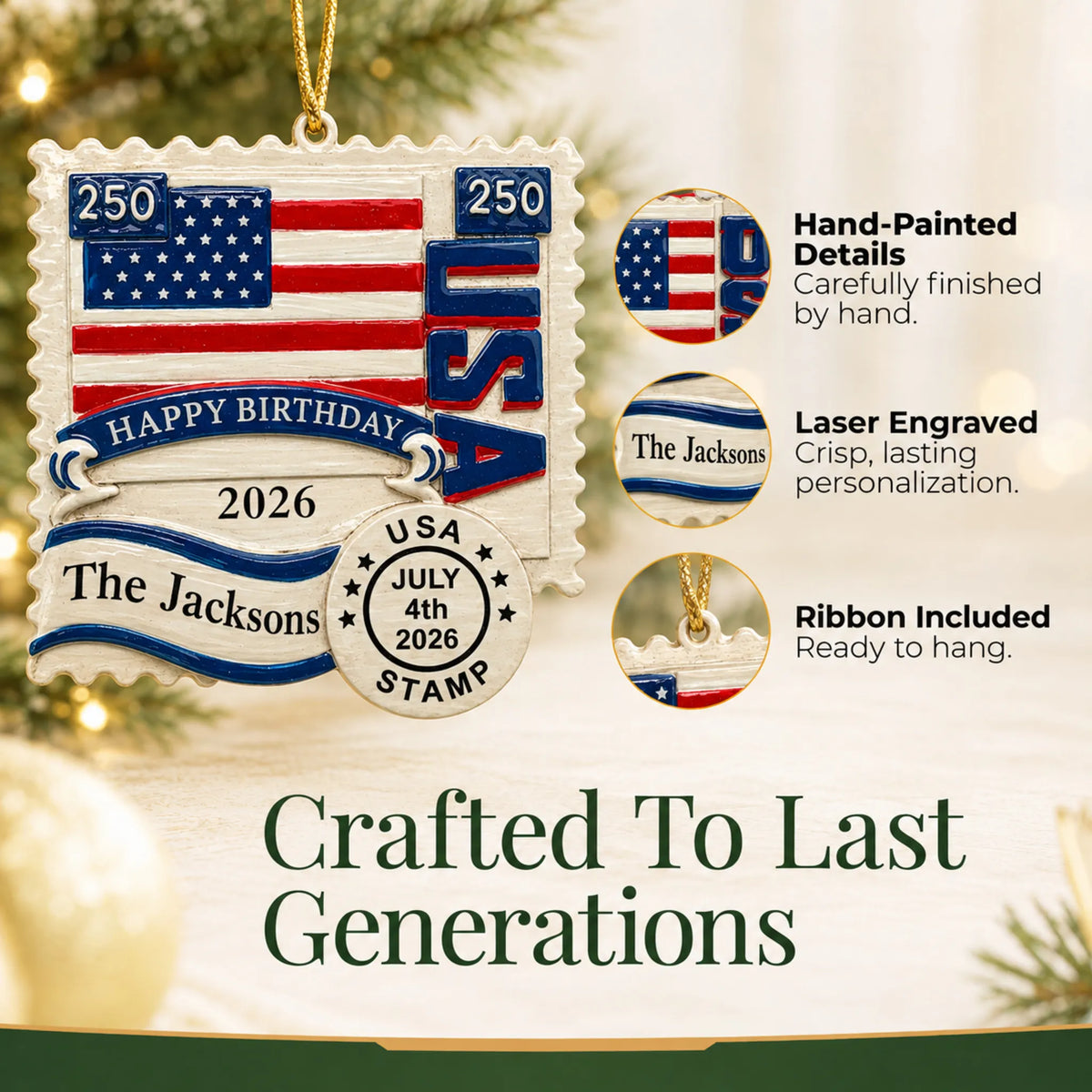 Close-up of the USA 250th anniversary stamp Christmas ornament: hand-painted finish, laser engraving, ribbon included
