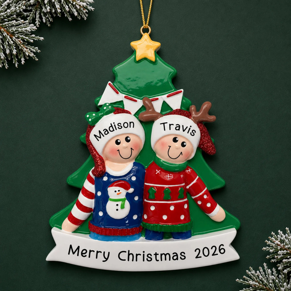 Personalized ugly sweater holiday couple christmas ornament on a dark green pine background