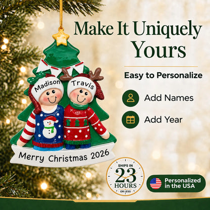 Make it yours: add names to the personalized ugly sweater holiday couple christmas ornament