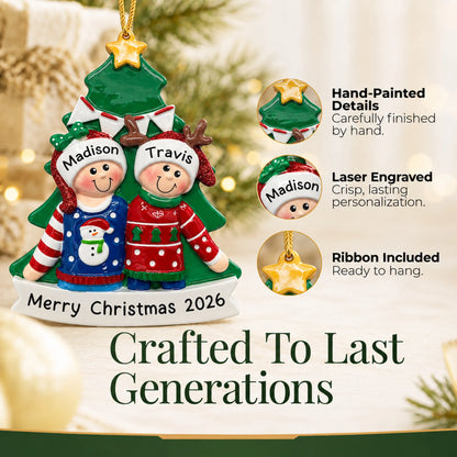 Hand-painted, laser engraved ugly sweater holiday couple christmas ornament, ribbon included