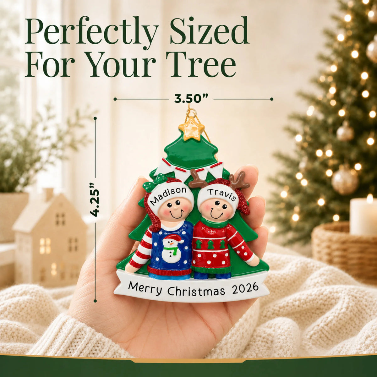 Size guide: the personalized ugly sweater holiday couple christmas ornament shown in hand next to a Christmas tree