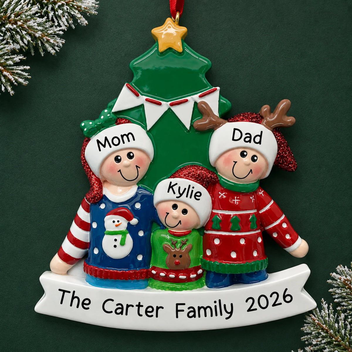 Personalized ugly sweater family of 3 christmas ornament on a dark green pine background