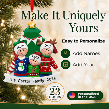 Make it yours: add names and year to the personalized ugly sweater family of 3 christmas ornament
