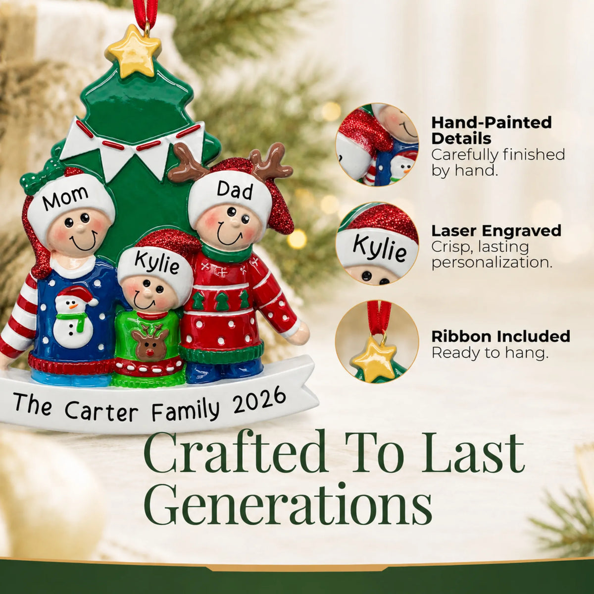 Hand-painted details and laser engraved personalization on the ugly sweater family of 3 christmas ornament, ribbon included