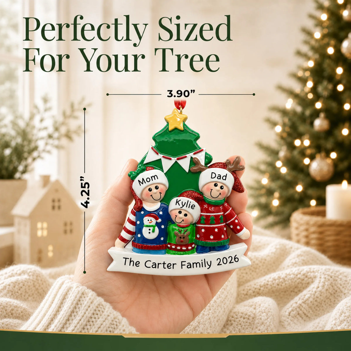 Size guide: the personalized ugly sweater family of 3 christmas ornament is 3.90 in wide by 4.25 in tall, shown in hand