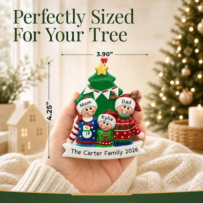 Size guide: the personalized ugly sweater family of 3 christmas ornament is 3.90 in wide by 4.25 in tall, shown in hand