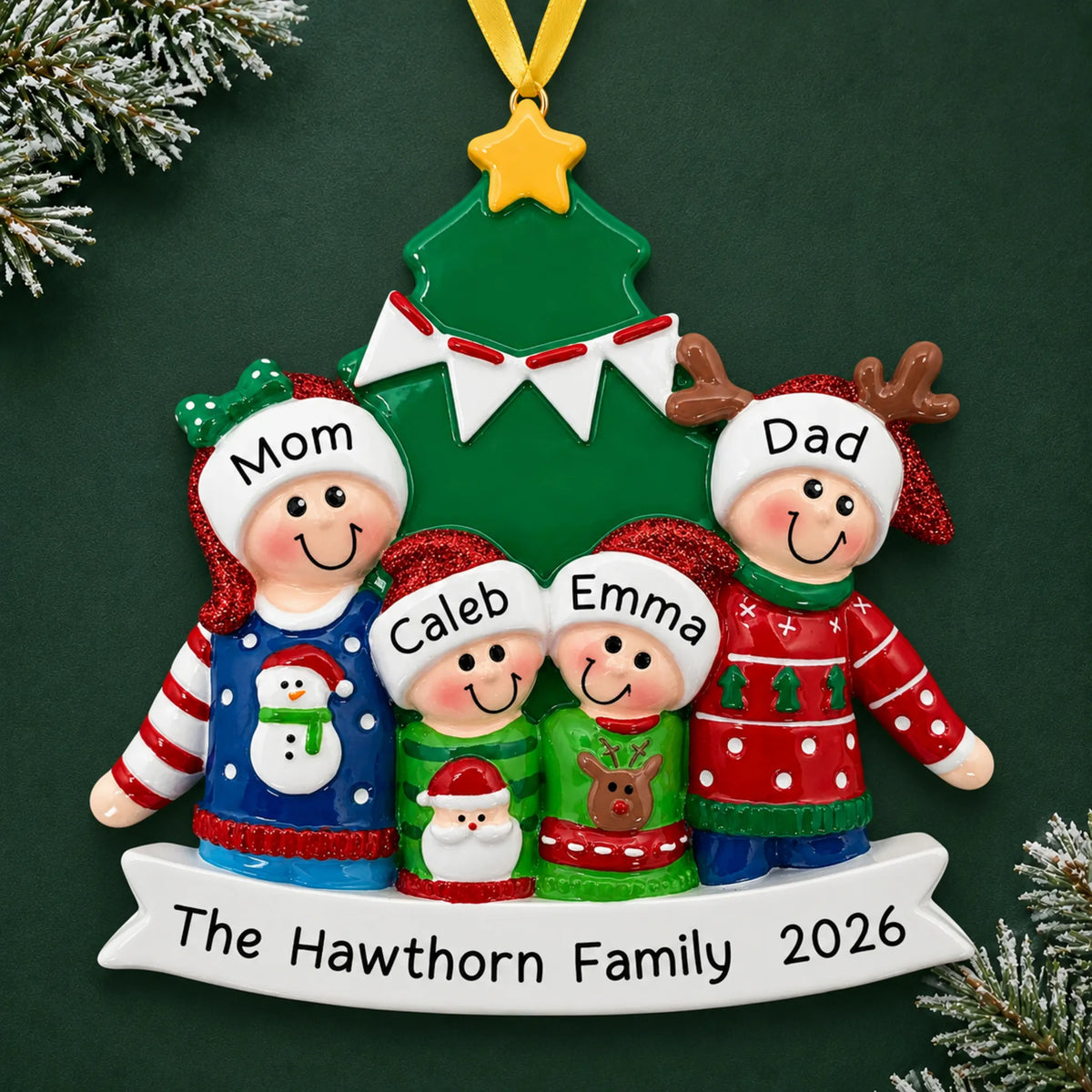 Personalized ugly sweater family of 4 christmas ornament on a dark green pine background