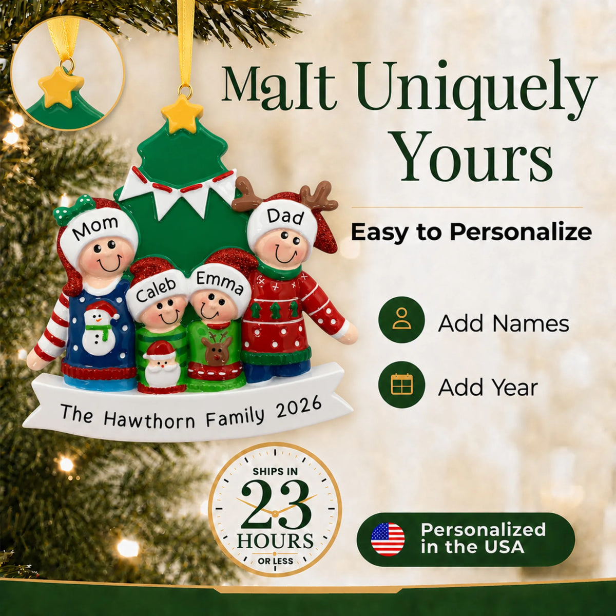 Make it yours: add names and year to the personalized ugly sweater family of 4 christmas ornament