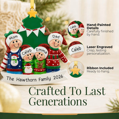 Hand-painted details and laser engraved personalization on the ugly sweater family of 4 christmas ornament, ribbon included