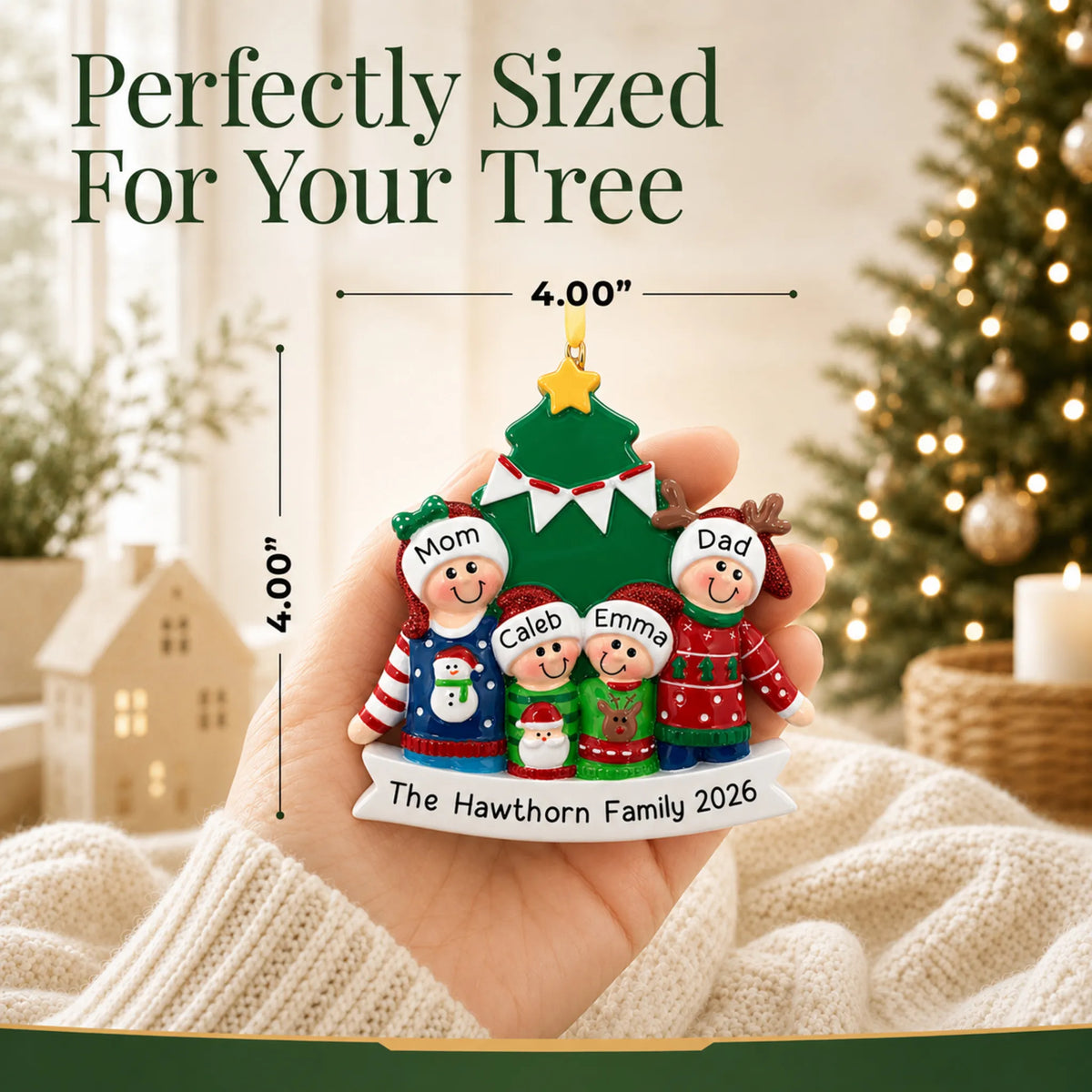 Size guide: the personalized ugly sweater family of 4 christmas ornament is 4.00 in wide by 4.00 in tall, shown in hand