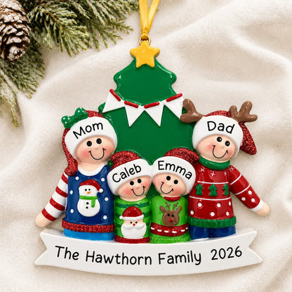 Personalized ugly sweater family of 4 christmas ornament laid on a soft white knit blanket