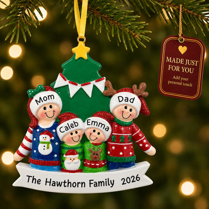 Ugly sweater family of 4 christmas ornament hanging on a lit Christmas tree with a Made Just For You gift tag