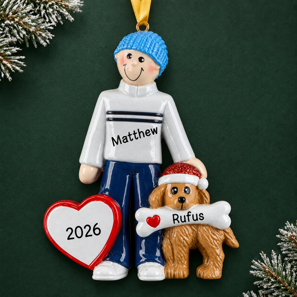 Personalized Man and Dog christmas ornament on a dark green pine background