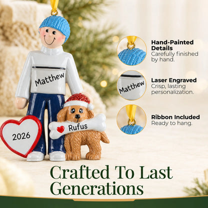 Hand-painted, laser engraved Man and Dog christmas ornament, ribbon included